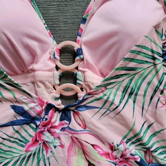 Profile by Gottex Tropical pink Women's One-Piece 3 ring floral Swimsuit size 12